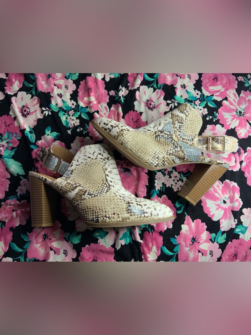 Snake-Print Slingback Ankle Booties in Beige